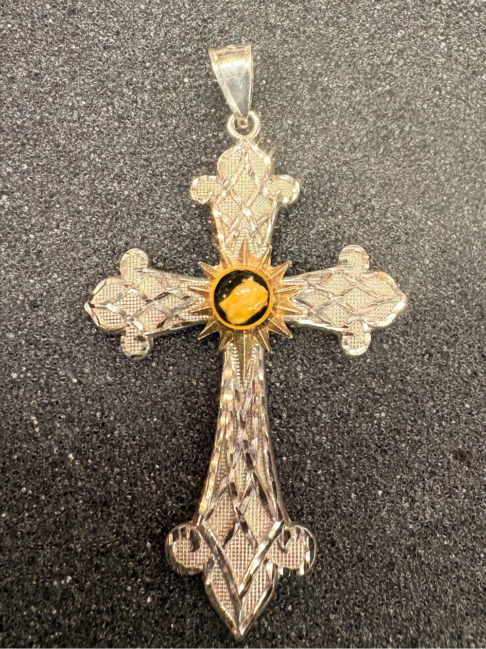 Two-Tone Silver Cross Pendant with Gold Sun Accent - Women Jewelry